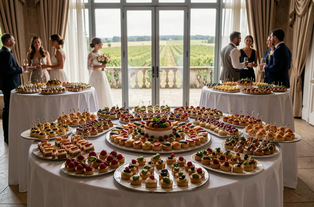 Plateau de canapés et mignardises colorés dressé pour le cocktail d'un mariage par Agape Traiteur en Gironde