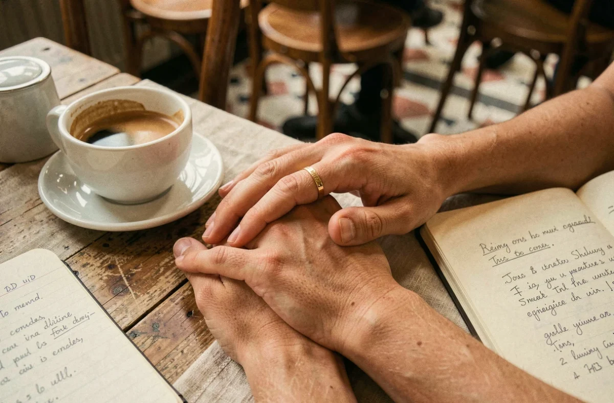 Gros plan sur des mains enlacées avec une alliance dorée sur une table de café parisien, symbolisant le mariage et la vie de couple
