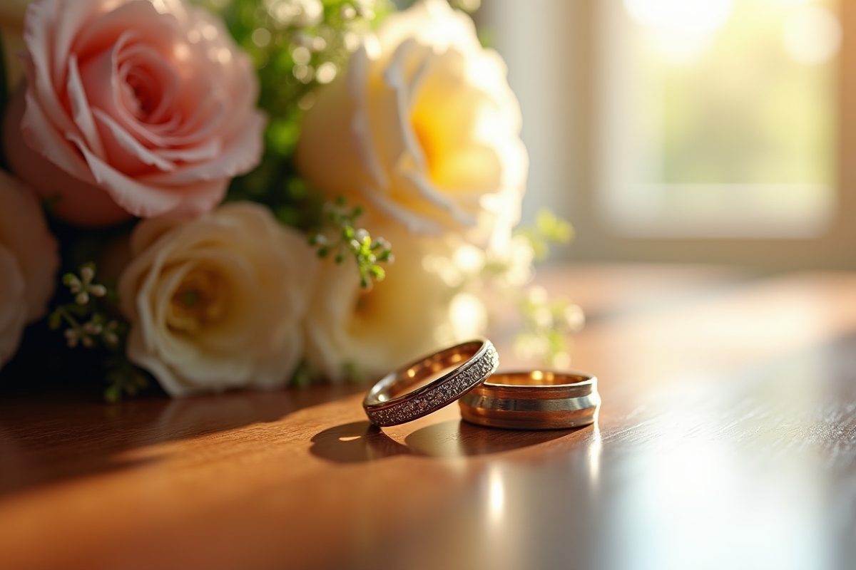 Alliances de mariage sur une table en bois avec bouquet de fleurs