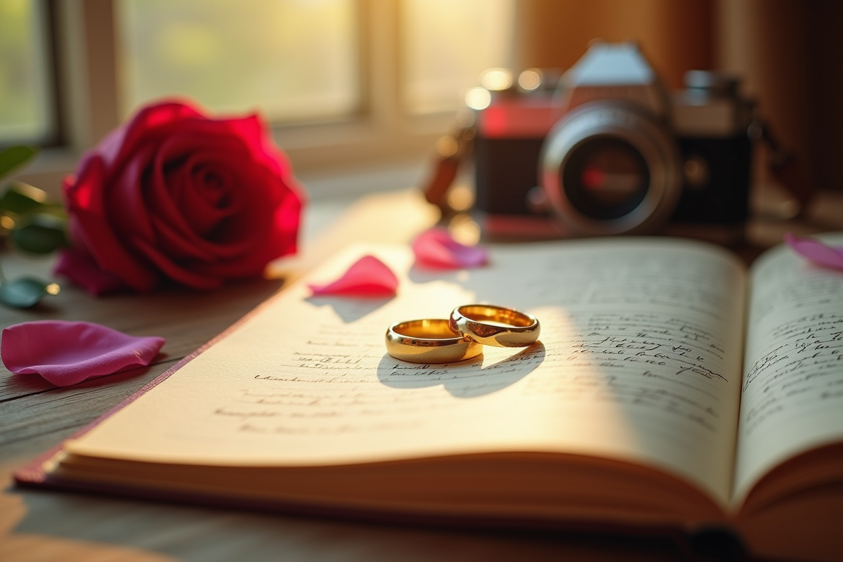 Alliances dorées sur journal de voyage avec roses et appareil photo