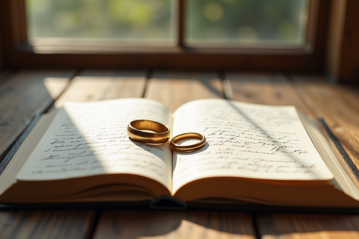 Alliances de mariage sur un livre de vœux en bois
