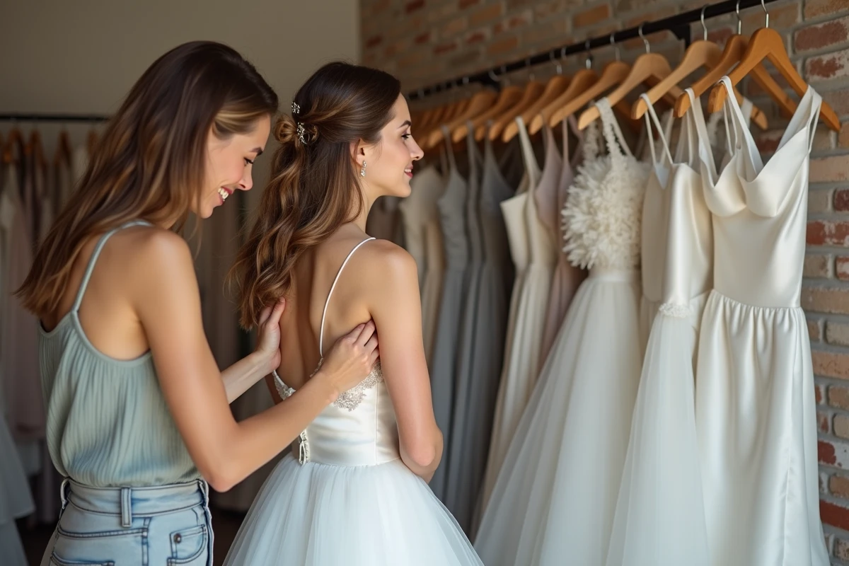 Deux amies ajustant une robe de mariée dans une boutique parisienne