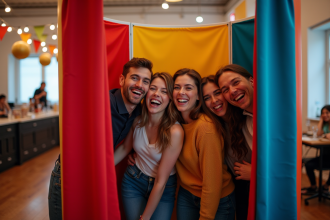 Groupe d'amis souriants dans un photobooth coloré lors d'une fête