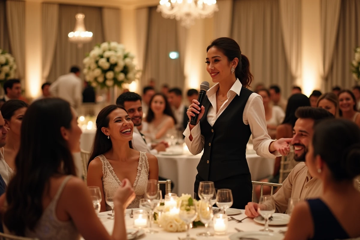 Animatrice de mariage animant un jeu de quiz pour les invités attablés dans une salle de réception élégante