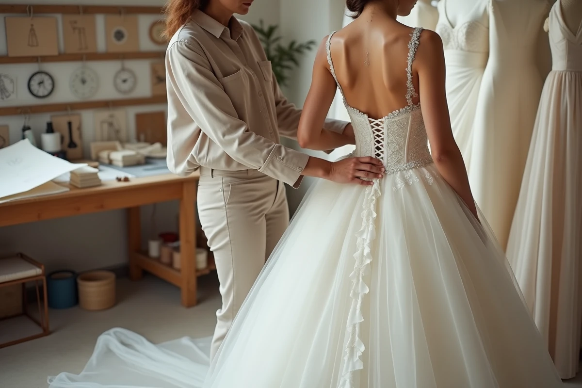 Styliste nuptiale ajustant le laçage d'une robe de mariée princesse sur un mannequin dans un atelier de couture avec croquis et tissus