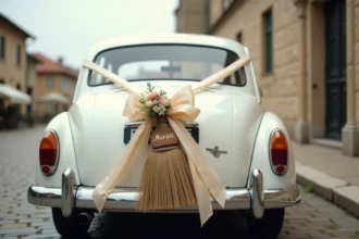 Balai de voiture mariage décoré de rubans ivoire et d'un message personnalisé calligraphié, fixé sur le pare-chocs d'une berline blanche sur une place pavée