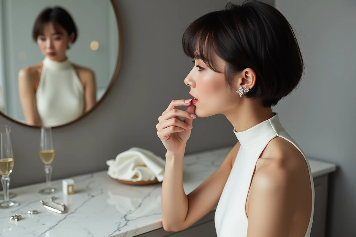 Mariée élégante en robe minimaliste crêpe ajustant une boucle d'oreille diamant devant un miroir de coiffeuse en marbre