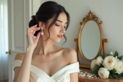 Mariée portant une boucle d'oreille perle goutte avec une robe de mariée bustier ivoire, coiffure chignon élégant
