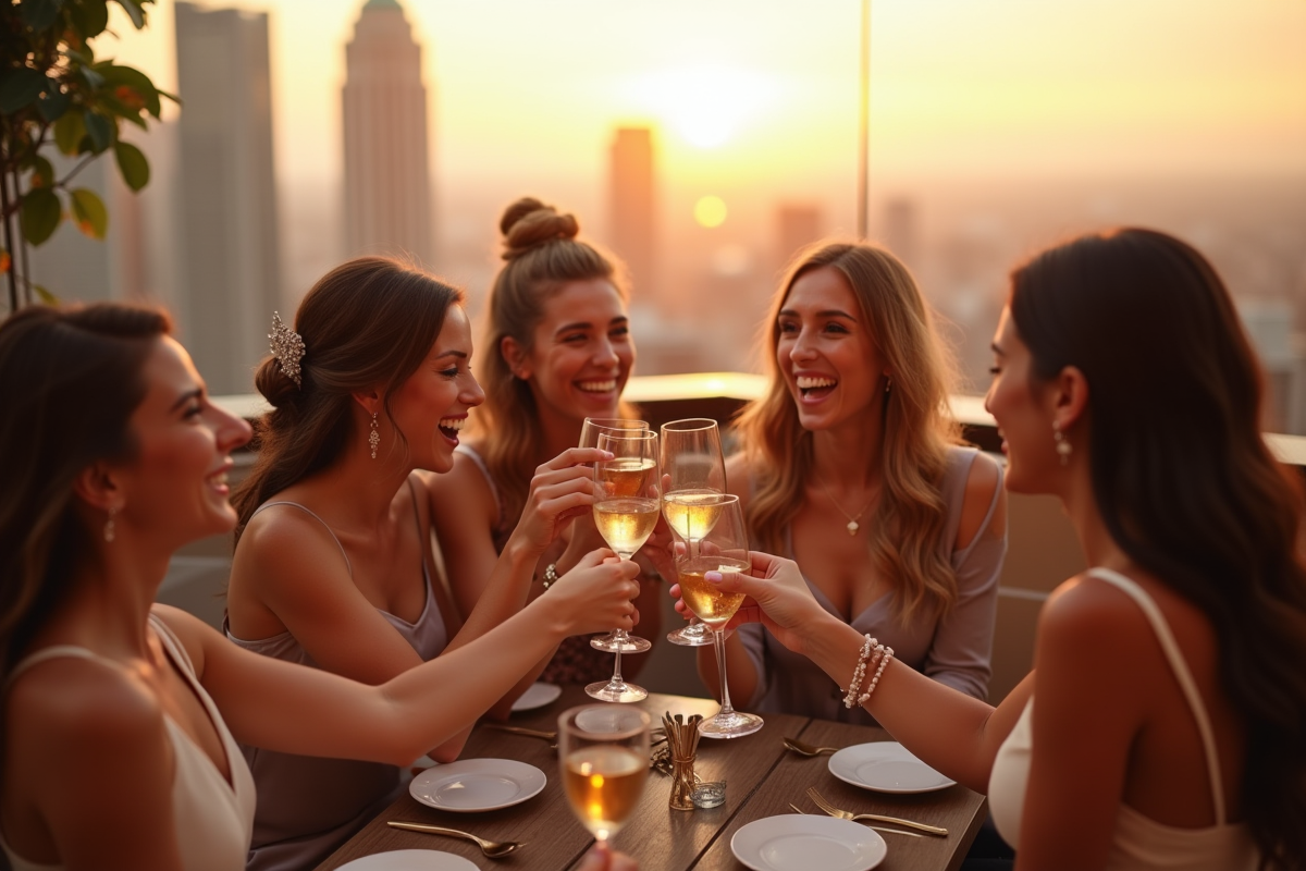 Future mariée avec ses amies trinant en ville au coucher du soleil