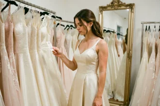 Mariée essayant une robe de mariée en satin ivoire dans une boutique spécialisée, regardant le prix de l'étiquette pour planifier son budget mariage