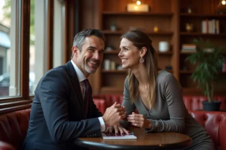 Deux adultes élégants discutent dans un café parisien