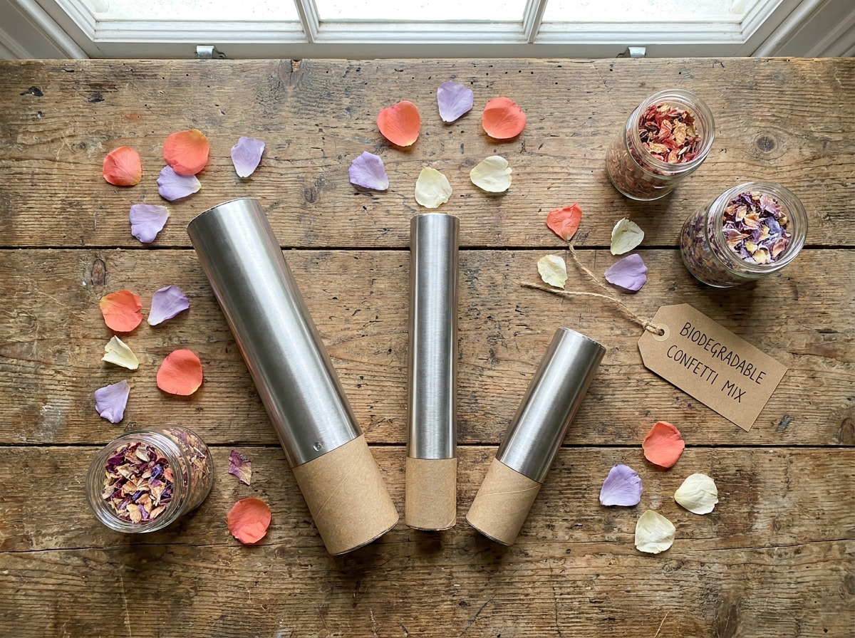 Présentation à plat de canons à confettis de différentes tailles avec des confettis biodégradables en pétales de fleurs colorées sur une table en bois rustique