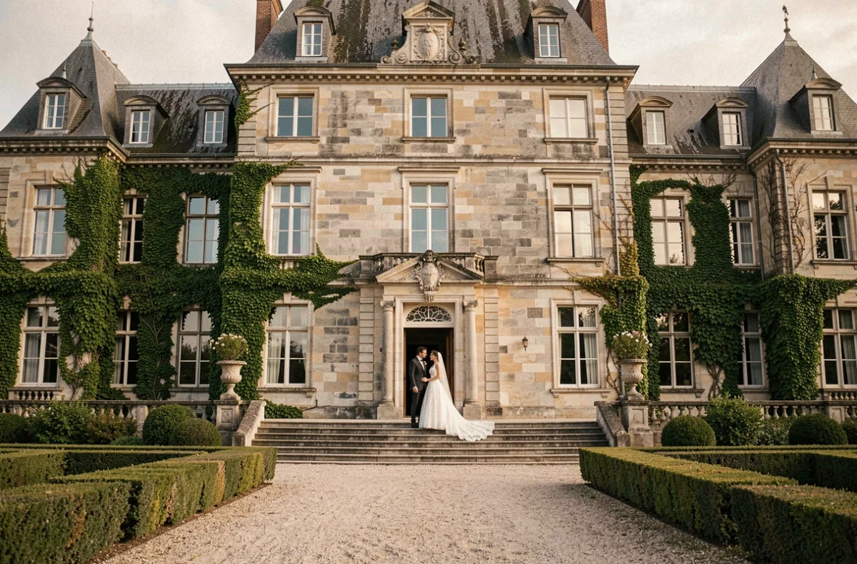 Château du Bois Guy en Ille-et-Vilaine, lieu de réception pour mariage avec façade en pierre et jardins formels