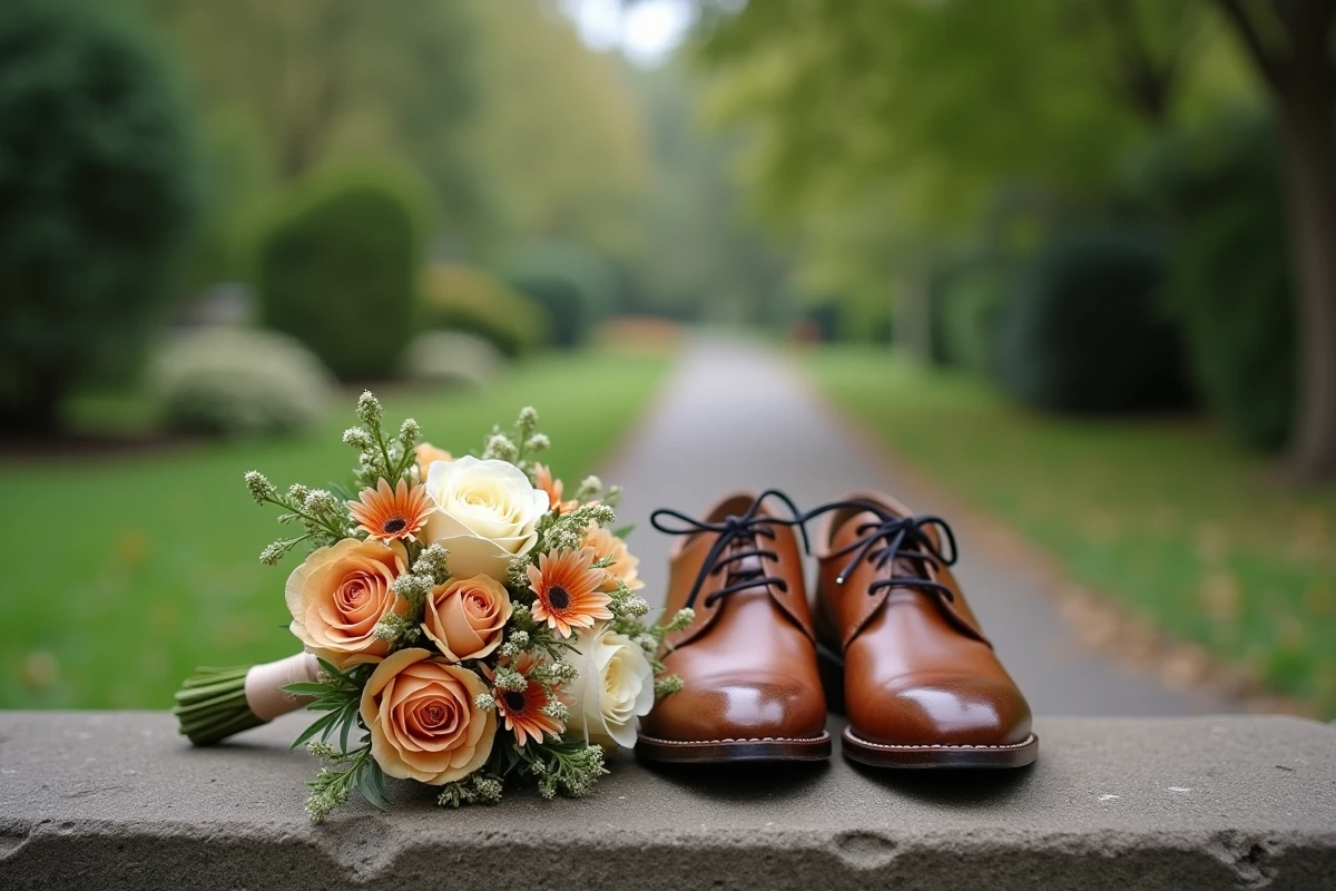 Chaussures en cuir usées et bouquet de mariage sur un banc