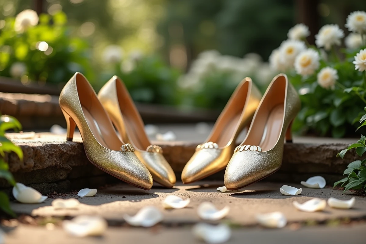 Deux paires de chaussures vegan dorées sur escaliers en pierre