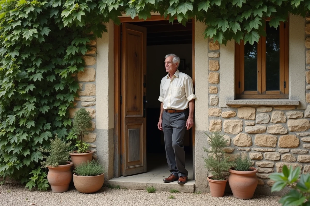 Un homme discret sur le seuil d'une maison de campagne française, illustrant la protection de la vie privée d'un conjoint loin des médias