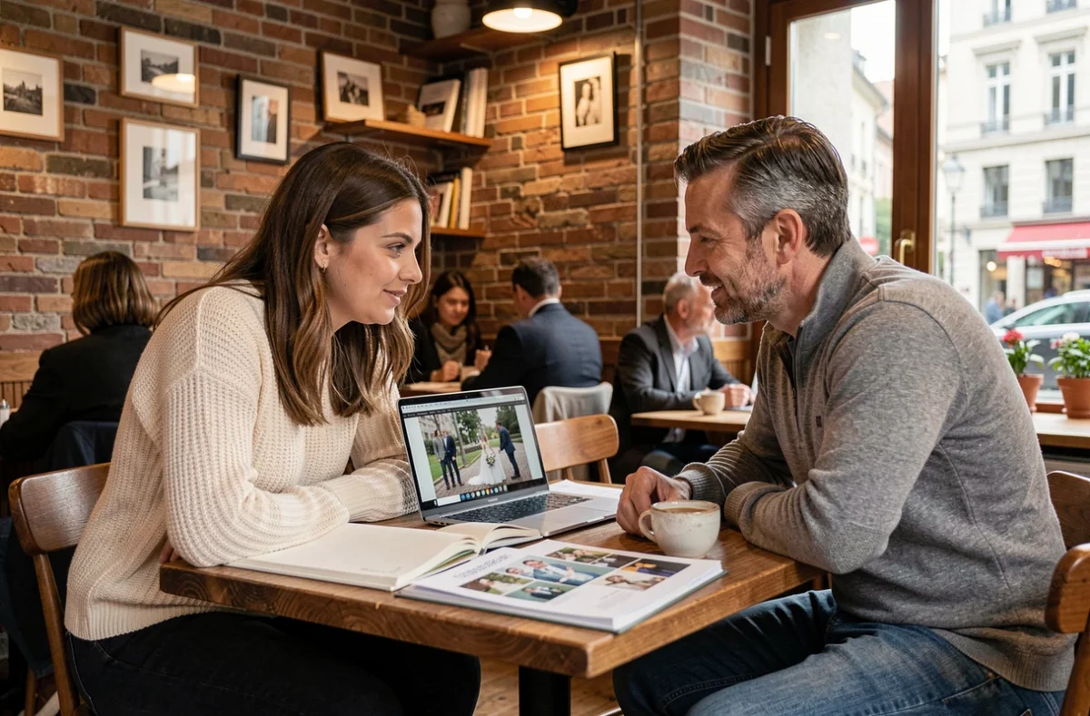 Consultation entre une future mariée et un photographe de mariage professionnel dans un café de Genève autour d'un album photo