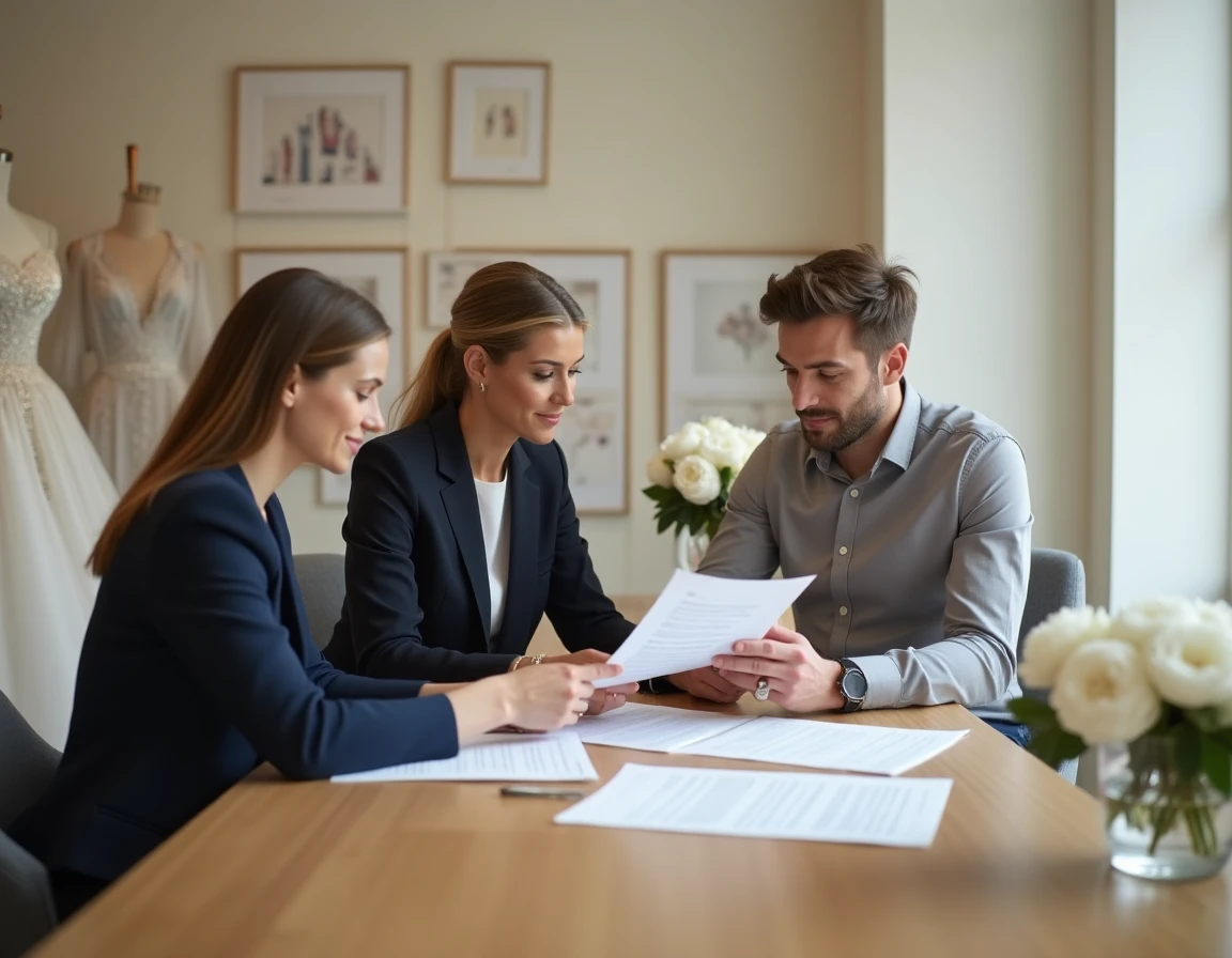 Consultant en mariage présentant un contrat avec acompte à un couple dans un atelier nuptial