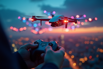 Main tenant une télécommande avec drones lumineux dans le ciel