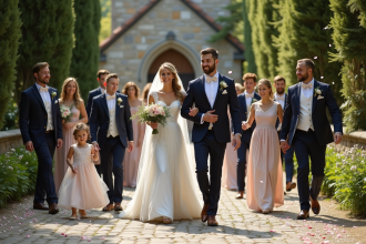 Cortège de mariage en plein air avec la mariée et le marié