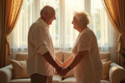 Couple agee se tenant la main dans un salon ensoleille