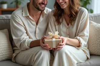 Jeune couple échangeant des cadeaux en coton lors d'un anniversaire