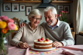 Couple souriant de 60 ans lors d'un anniversaire en famille