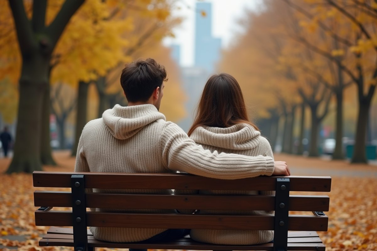 Couple assis sur un banc en automne avec feuilles dorées