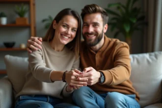 Couple souriant échangeant bracelets en cuir dans un salon