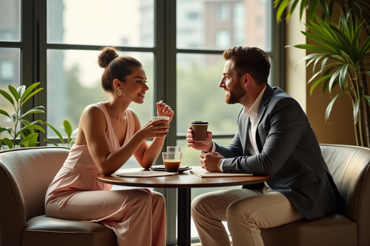 Couple en ville dans un salon de hotel profitant du soleil