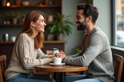 Couple assis au café main dans la main ambiance chaleureuse
