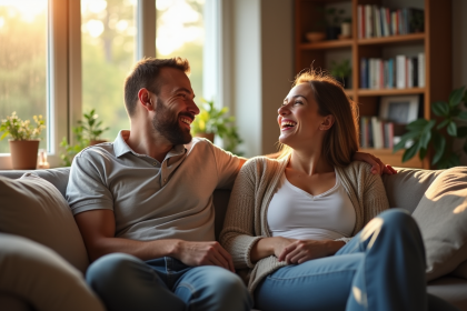 Couple heureux assis sur un canapé cosy à la maison