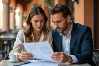 Couple élégant révisant un contrat de location de voiture pour leur mariage à une terrasse de café à Toulouse