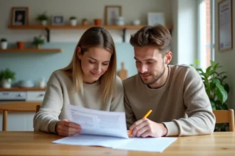Jeune couple vérifiant des documents officiels à la maison