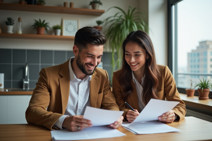 Jeune couple souriant en discutant de documents dans un appartement moderne