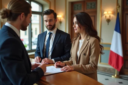 Jeune couple au mairie remettant documents officiels