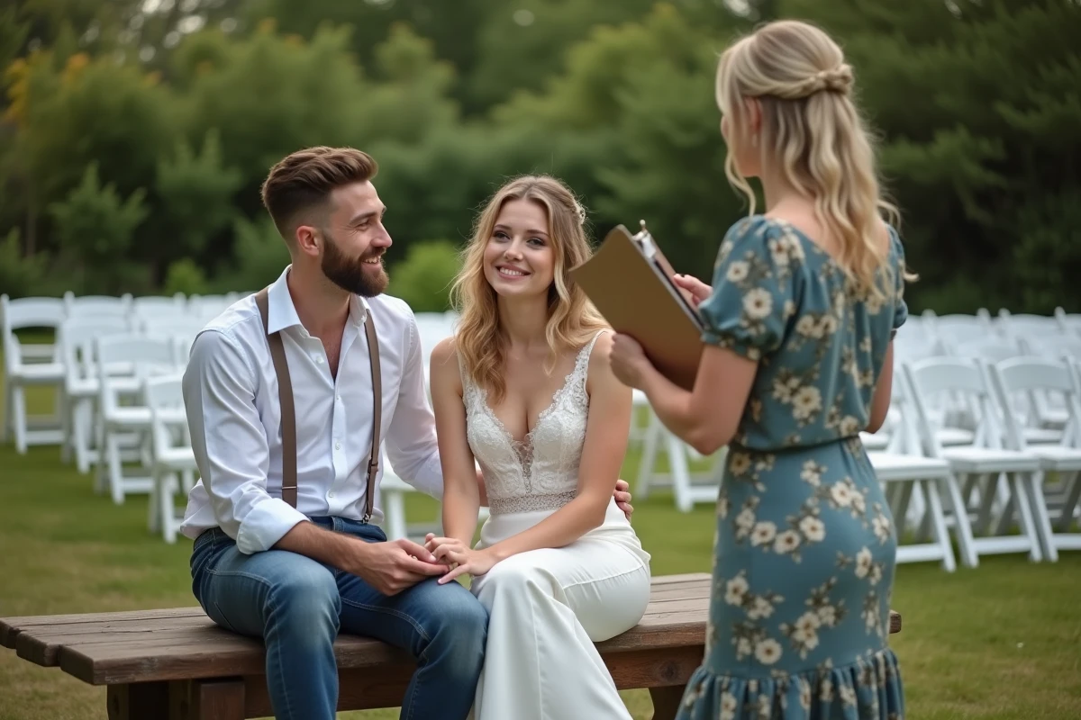 Jeune couple discutant avec une planificatrice dans un jardin