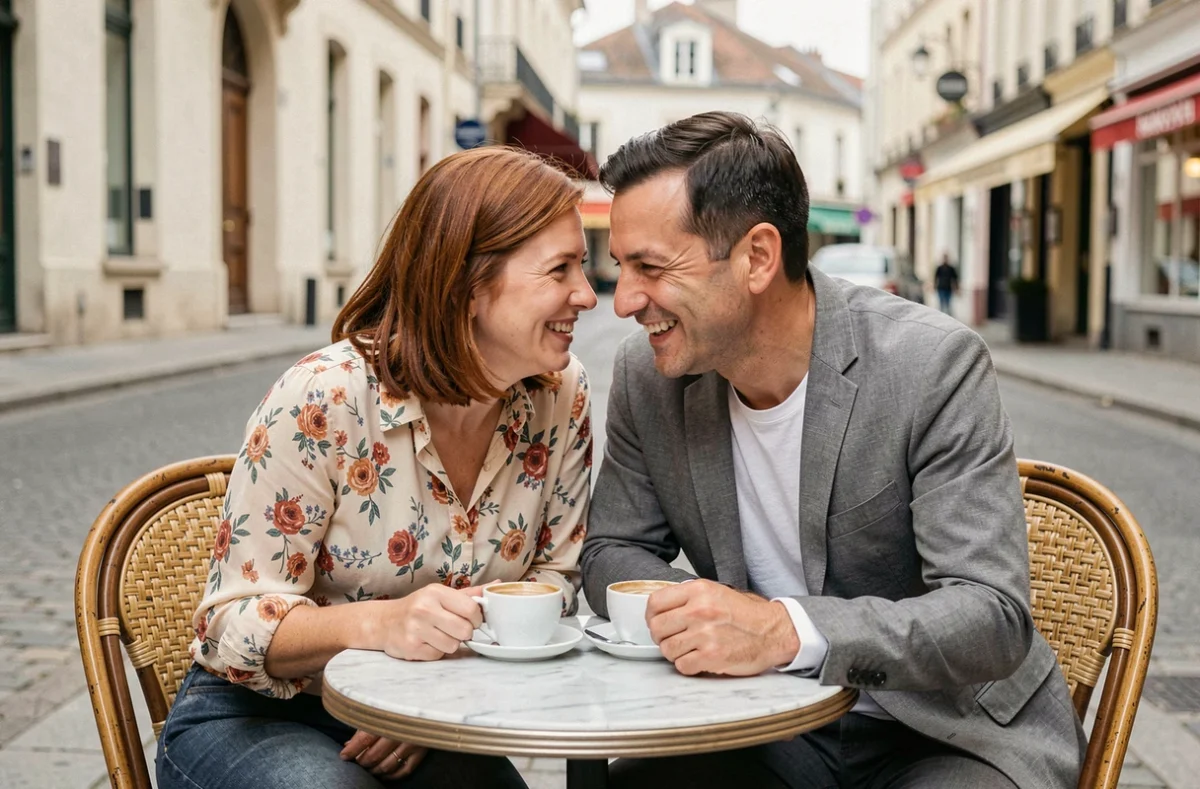 Couple complice attablé à une terrasse de café parisien, évoquant l'histoire d'amour entre Dorothée et son mari Vincent