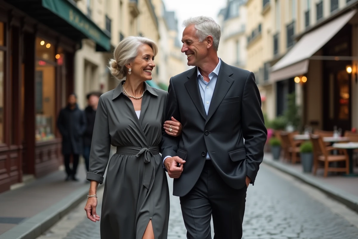 Couple élégant se promenant dans une rue pavée parisienne en automne, ambiance vie privée et complicité