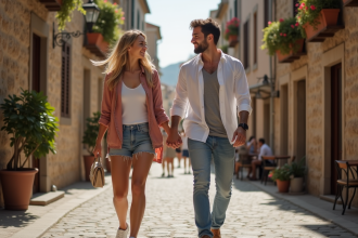 Jeune couple marchant dans une rue pavée européenne en été