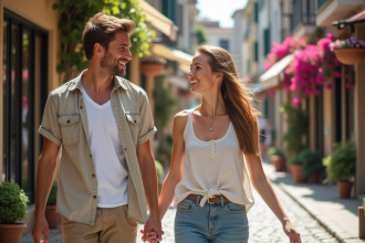 Jeune couple souriant dans une rue pavée européenne
