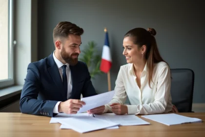 Couple mixte en mairie française examinant des documents officiels