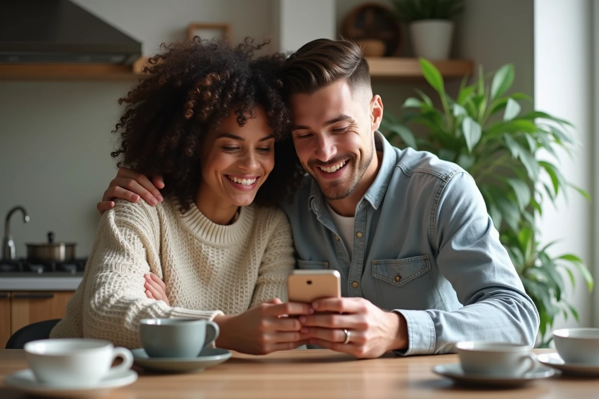 Jeune couple souriant regardant un smartphone dans la cuisine