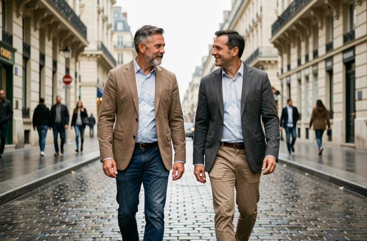 Deux hommes marchant ensemble sur un trottoir parisien en pavés, ambiance documentaire et couple discret
