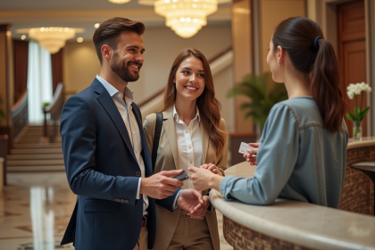 Jeune couple souriant à la réception d'un hôtel de luxe