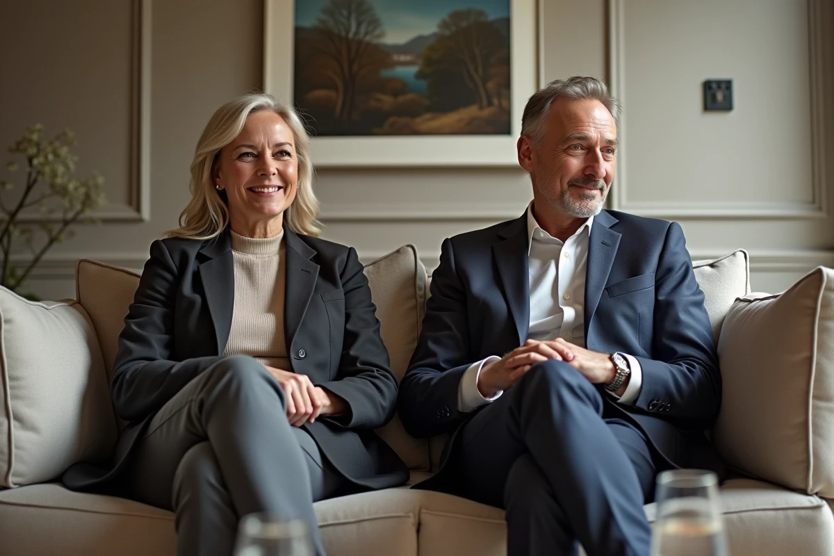 Couple assis côte à côte lors d'une interview conjointe dans un salon contemporain parisien, sourires polis et langage corporel ambigu