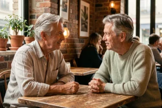 Couple en conversation intime dans un bistrot parisien, illustrant la vie privée d'un personnage public comme Stéphane Marie