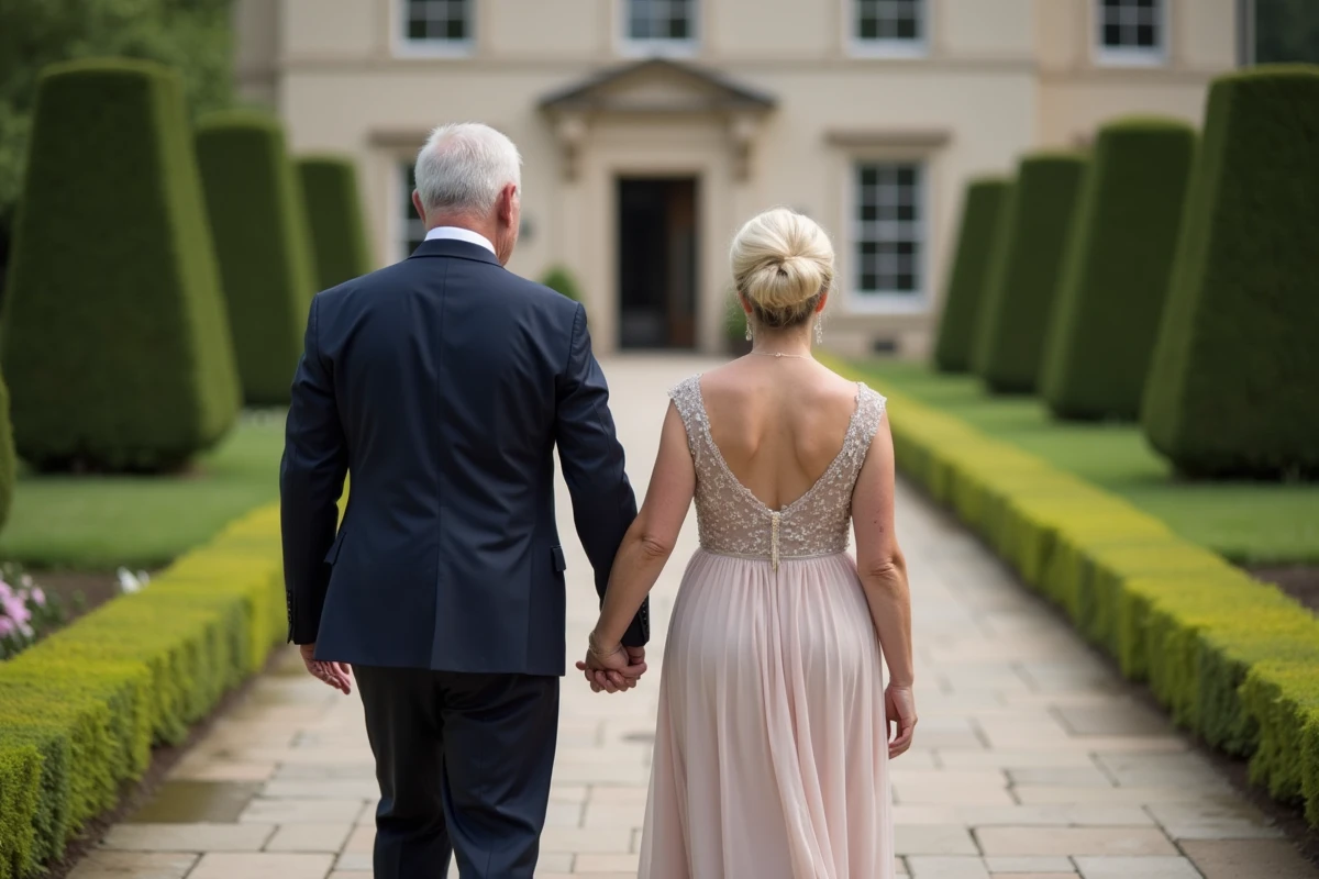 Vieux couple main dans la main dans un jardin lors d’un mariage