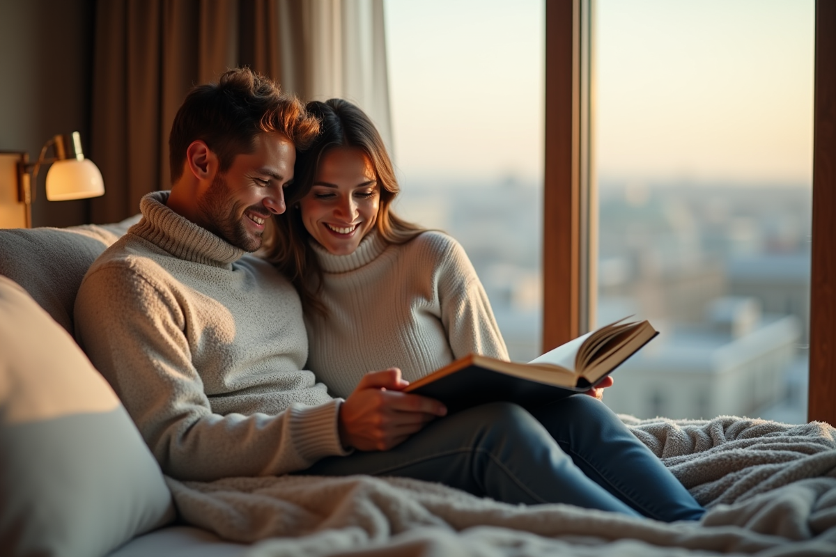 Jeune couple de mariés regardant un album photo dans une chambre