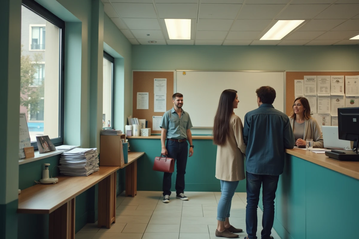 Couple discutant du prix de location d'une salle des fêtes municipale avec un responsable administratif